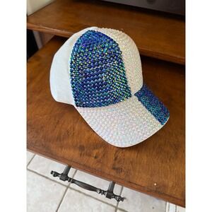 Sparkling Rhinestone‎ Baseball Cap White Blue Bling Fashion Accessory